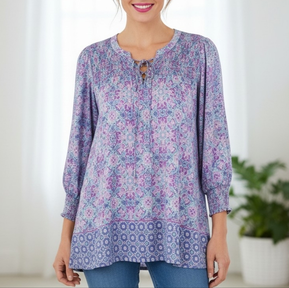 NWOT Ruby rd. Floral Print Boho Top with Smocked Detail